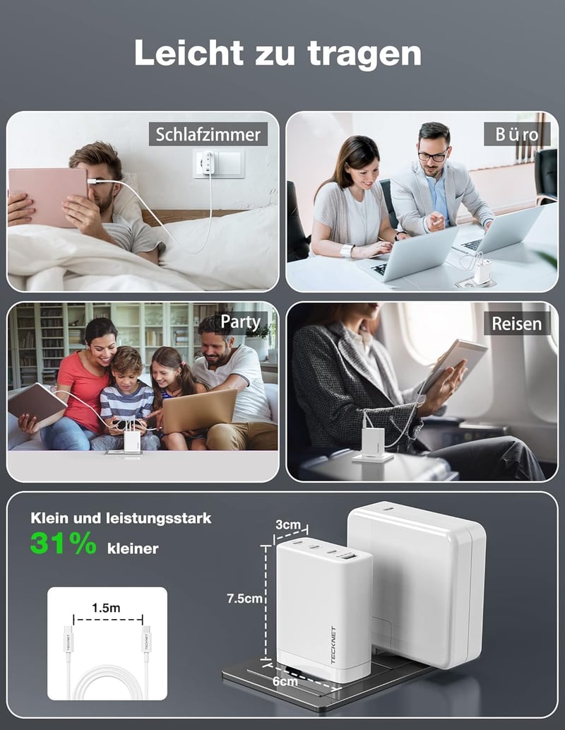 TECKNET 100W GAN III USB-C gyorstöltő 4 porttal, MacBook, iPhone, Galaxy kompatibilis