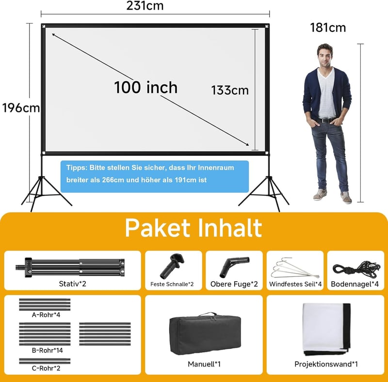 VISULAPEX 100 Inch Hordozható Vetítővászon Állvánnyal - 16:9 4K HD Összecsukható Vetítővászon Hordtáskával Otthoni Mozihoz, Kerti Filmezéshe