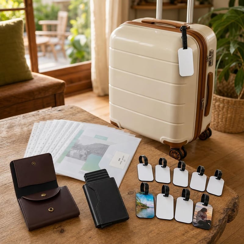 Cestovný set na letisko: kožená peňaženka + RFID peňaženka + 22x A4 obal + TSA kufor + 10x menovka