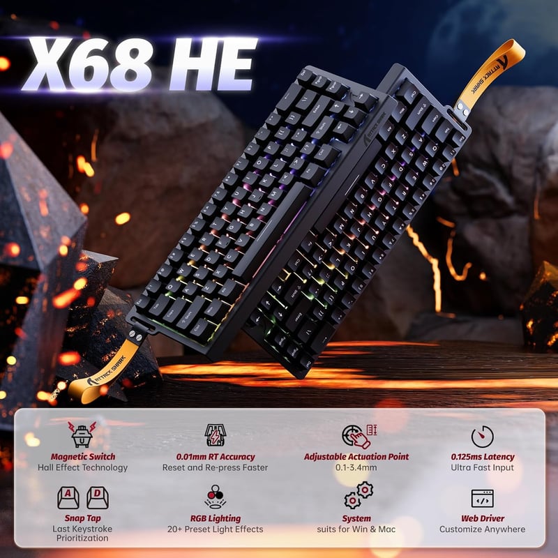 ATTACK SHARK X68 HE Vezetékes RGB Gamer Billentyűzet, 8000Hz Gyors Kapcsolás, 0.01mm Pontosság, Mágneses Kapcsolók, Állítható Aktiválás, PC/