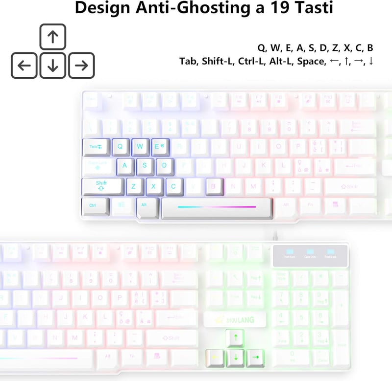 ZIYOU LANG Gamer Billentyűzet és Egér Szett - Fehér, RGB LED Háttérvilágítás, 2400 DPI, Vízálló, 6 Gombos Egér, Egérpad, USB, PS4/Xbox Kompa