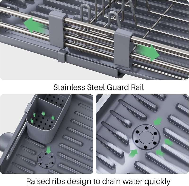 Kitstorack Bővíthető Edényszárító Állvány Rozsdamentes Acélból, Kivehető Evőeszköztartóval és Elforgatható Vízelvezetővel, Szürke