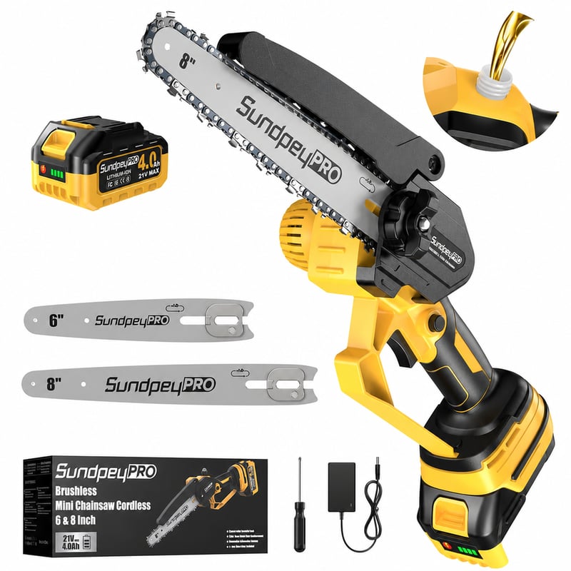 SundpeyPRO Mini Akkumulátoros Láncfűrész Kefe Nélküli Motorral 8000 mAh 6 és 8 Colos Vezetősínnel Elektromos Fűrész Kerti Munkákhoz