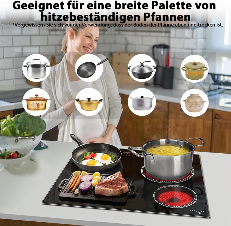 DELITEER Üvegkerámia Főzőlap 60 cm - 4 Zónás, 6600W, Érintőgombos Vezérlés, Flexibilis Dupla és Ovális Zónával, Beépíthető Kivitel