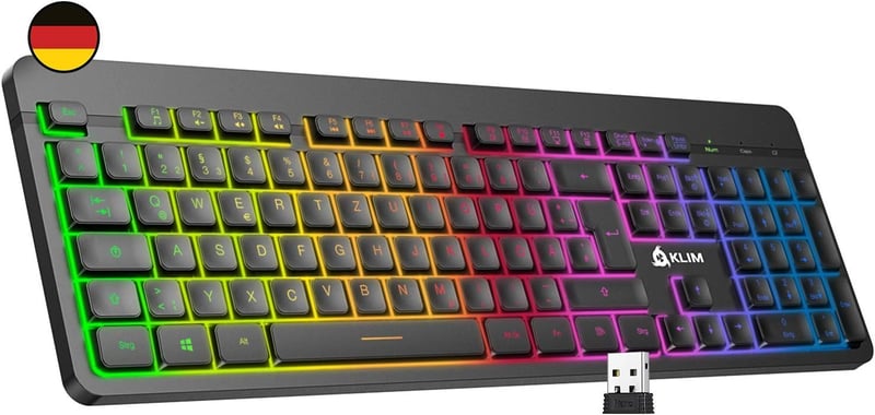 KLIM Light V2 Vezeték Nélküli Gamer Billentyűzet QWERTZ - Lapos, Ergonomikus, Vízálló, RGB Háttérvilágítás, PC/Mac/PS4/PS5 Kompatibilis, Hos