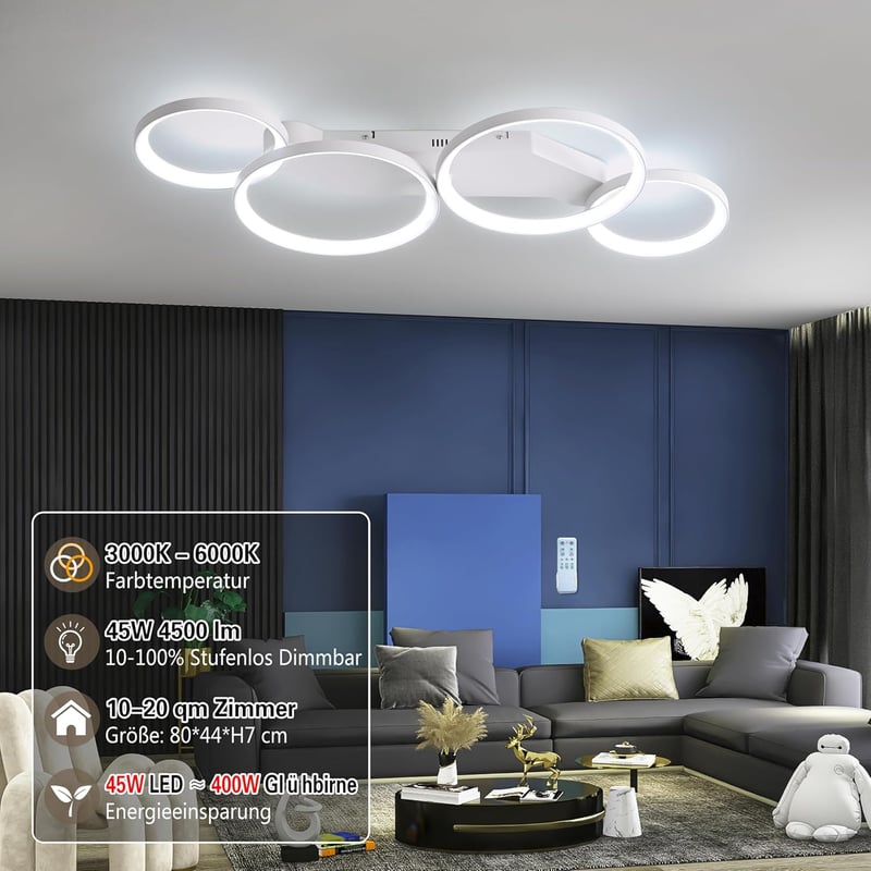 SEATAIN 80 cm-es Távirányítós LED Mennyezeti Lámpa - Fehér 4 Gyűrűs Modern Dizájn, Szabályozható Fényerő, 3000-6000K, Éjszakai Fény Funkcióv