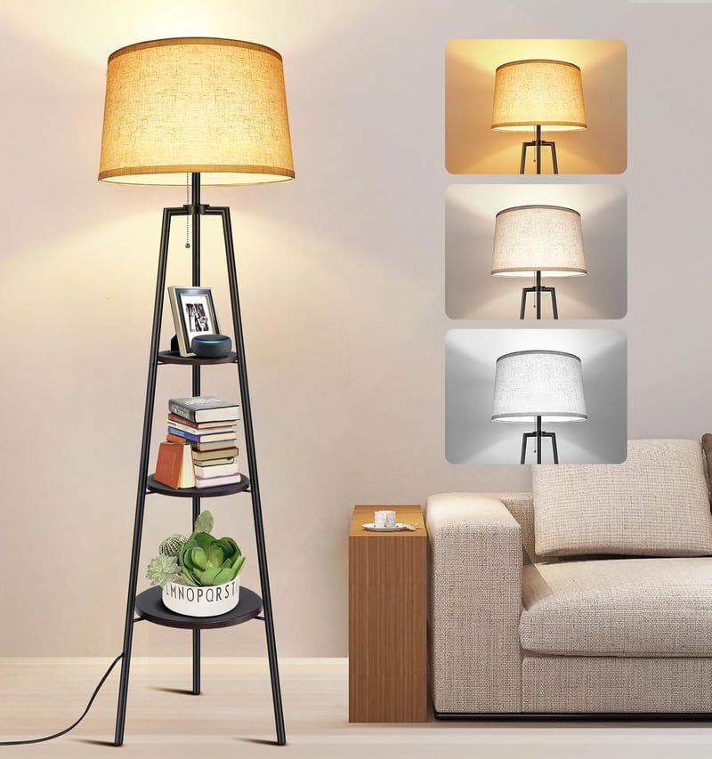 OUTON Állólámpa Polccal - LED Tripod Lámpa 3 Színhőmérséklettel, Memória Funkcióval, Dió Fa Lábakkal, Nappali, Hálószoba, Iroda