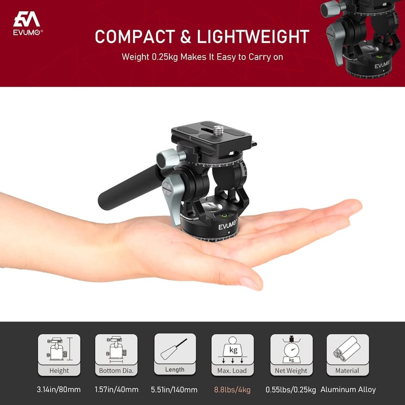 EVUMO Mini Állványfej - Dupla Panoráma 360° Kameraállvány Videófej, 250g Fluid Fej, Arca-Swiss Kompatibilis, DSLR/Kamera/Telefon, 4kg Teherb