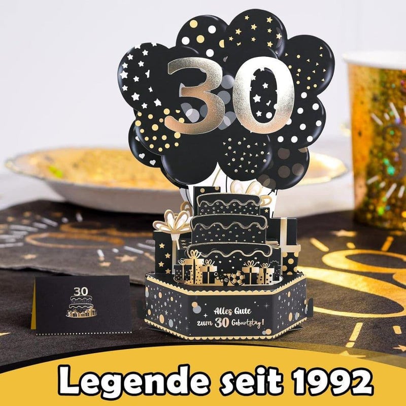 Fekete 3D Popup Üdvözlőkártya 30. Születésnapra és Apák Napjára Borítékkal