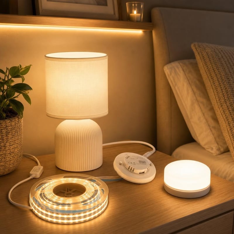 Pachet iluminat dormitor: 5m bandă LED WiFi + lampă masă + bec LED GX