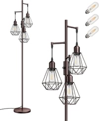 EDISHINE Retro Állólámpa - 166 cm Magas Ipari Fém Padlólámpa 3 Izzóval, Szabályozható Fényerő, 2700K Meleg Fény, Barna 1