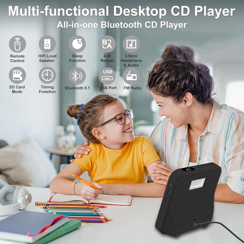 Liphier KC-718 Hordozható CD Lejátszó HiFi Hangszórókkal, Bluetooth 5.1, LED Kijelző, Távirányító, Porvédő Borítás, Fekete