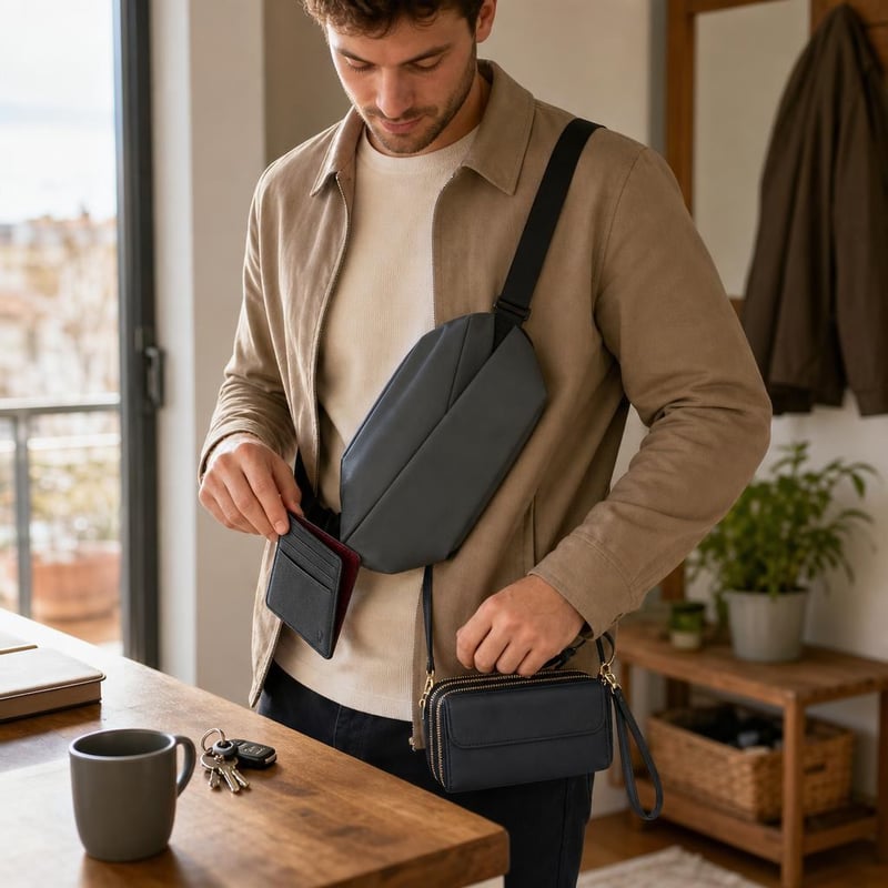 Mestský set na doklady: kožené puzdro + crossbody na mobil + vodeodolná taška