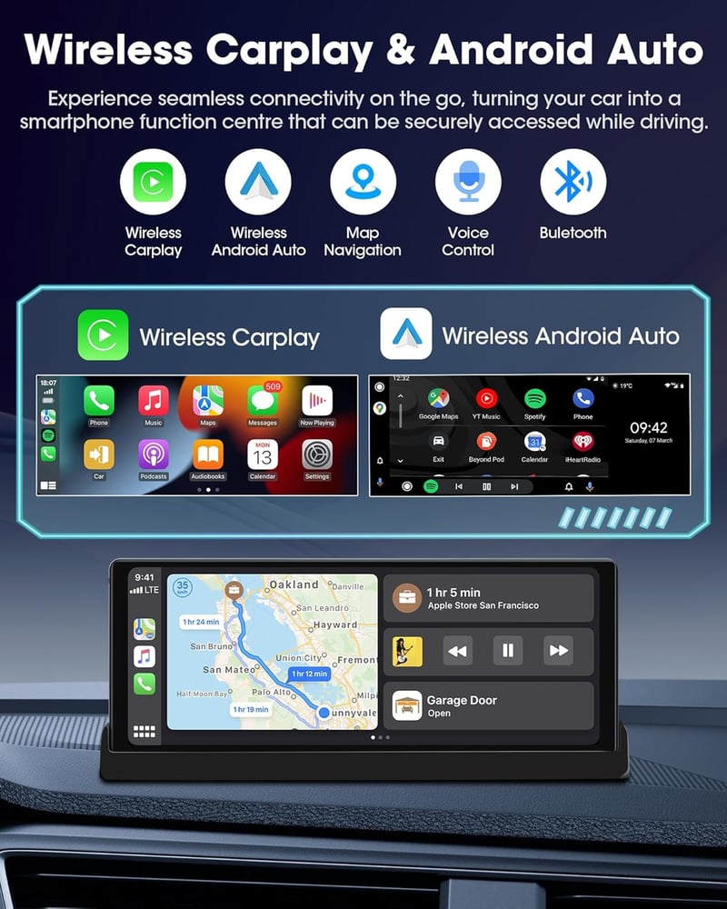 Jansite 10,26" Érintőképernyős CarPlay Android Autós Kijelző Állvánnyal - GPS Navigáció, Tolatókamera, Siri/Google Asszisztens, Vezeték Nélk