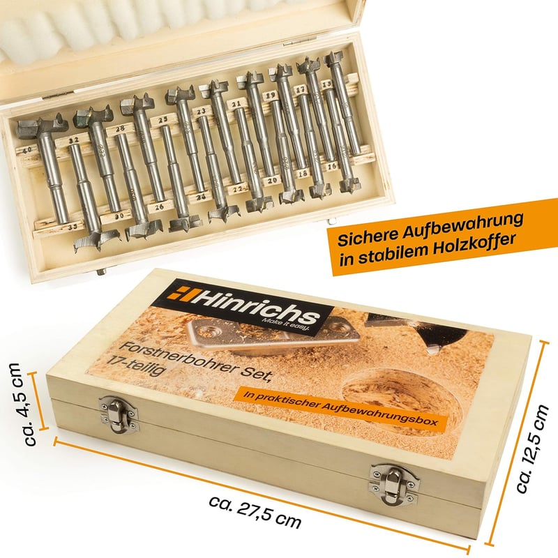 Hinrichs 17 részes forstner fúrószár készlet fadobozban, 15-40 mm