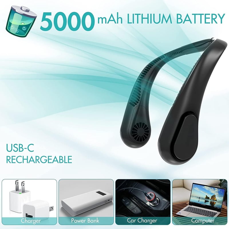 COMLIFE Hordozható Nyakba Akasztható USB Ventilátor 5000mAh Akkuval - Fekete