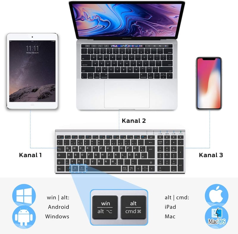 iClever BK10 Bluetooth Billentyűzet Vezeték Nélküli Töltöthető 3 Csatorna iOS Android Windows