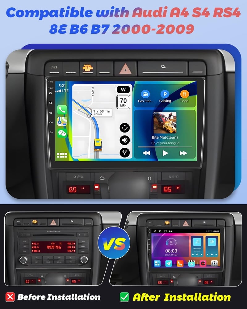 Hikity Android 15 Autórádió Audi A4 S4 RS4 B6 B7 (2000-2009) - 9" IPS Érintőképernyő, 2+64GB, Vezeték nélküli CarPlay, Tolatókamera, GPS, Wi