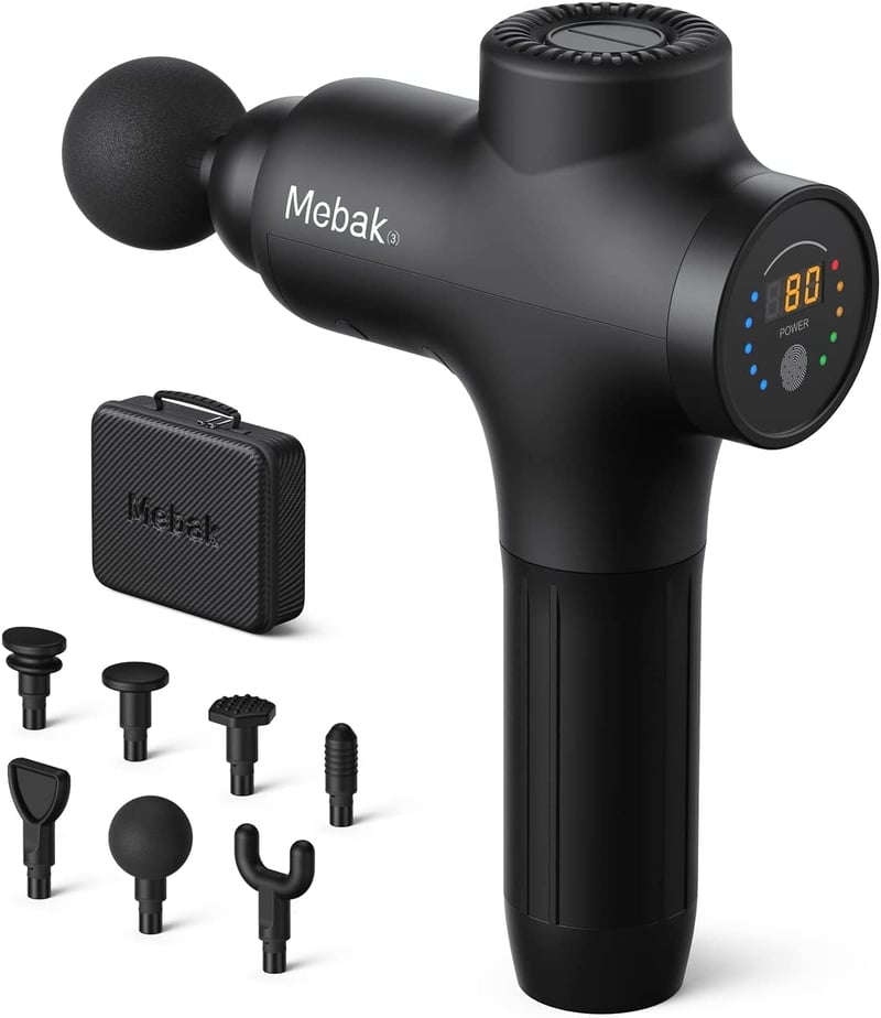 Mebak 3 Masszázspisztoly - 3200 RPM, 12mm Amplitúdó, 5 Fokozat, 7 Fej, Izomfájdalom Enyhítésre, Mély Szöveti Masszírozó, Nyak, Hát, Test