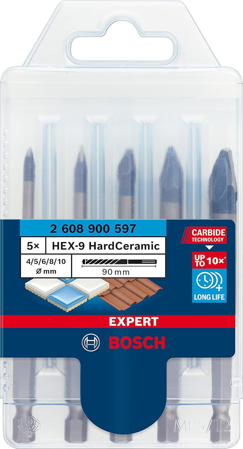Bosch Expert HEX-9 keményfém csempefúró készlet, 5 db (4-10 mm, ütvefúróhoz)
