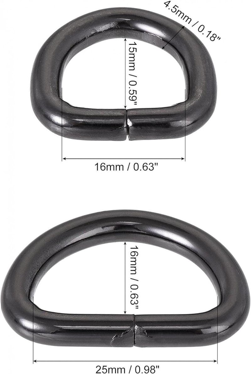 Uxcell Fekete Fém D Gyűrű Csat 16mm és 25mm, 12 darabos szett