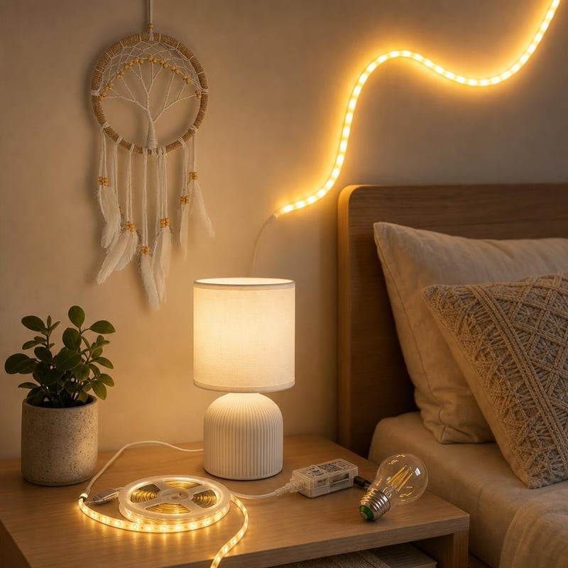 Pachet decor dormitor: 1x prinzător de vise 12cm + 5m bandă LED + lampă masă albă + bec E27