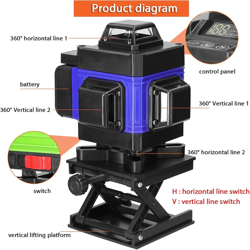 VISLONE 4D Önbeálló Vonallézer Tripod Állvánnyal - 16 Vonalas Lézeres Szintező, USB Tölthető, 2x2400 mAh Akkumulátorral, 360° Forgatható Tal