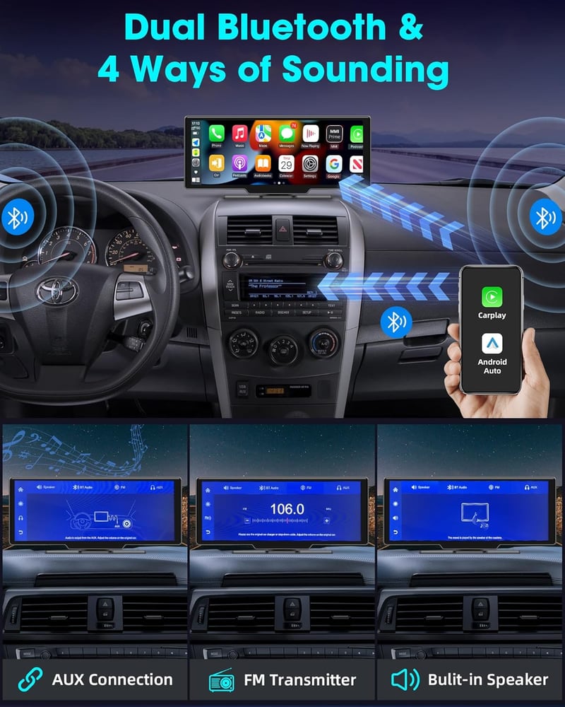 Jansite 10.26" Vezeték Nélküli CarPlay Android Autós Kijelző Érintőképernyővel, Tolatókamerával, Bluetooth, Mirror Link, Siri, AUX, FM Rádió