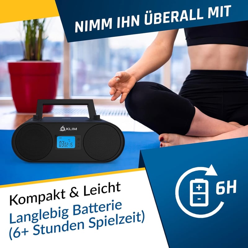 KLIM Boombox B4 Hordozható CD Lejátszó AM/FM Rádióval, Bluetooth, USB, MP3, AUX Funkcióval, Újratölthető Akkumulátorral és Távirányítóval, F