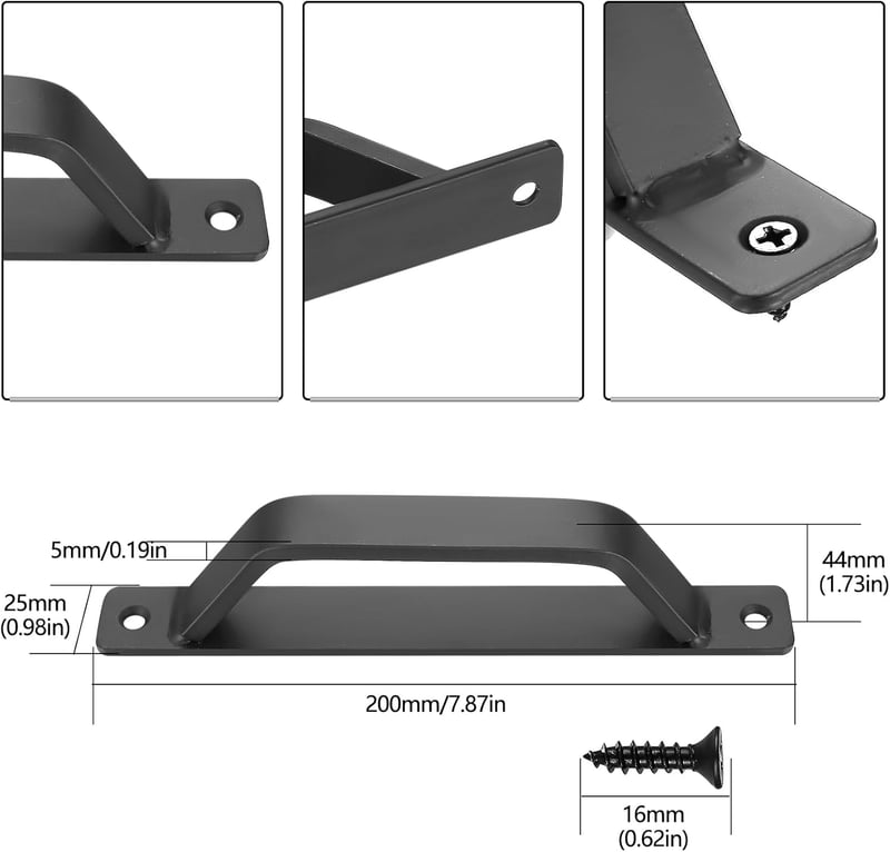 D-alakú tolóajtó fogantyú szett - 2 db fekete vas fogantyú 200 mm - Csűr, garázs, szekrény, gardróbszekrény ajtóhoz - Ergonomikus