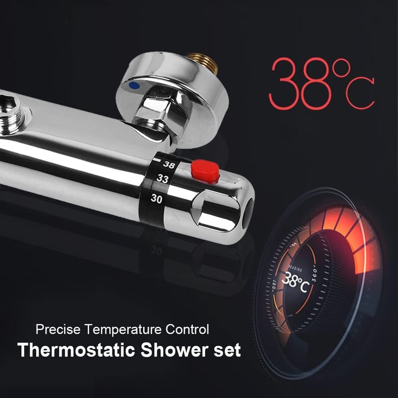 Króm termosztátos kádcsaptelep, 38°C-os biztonsági gombbal, 2 kifolyóval