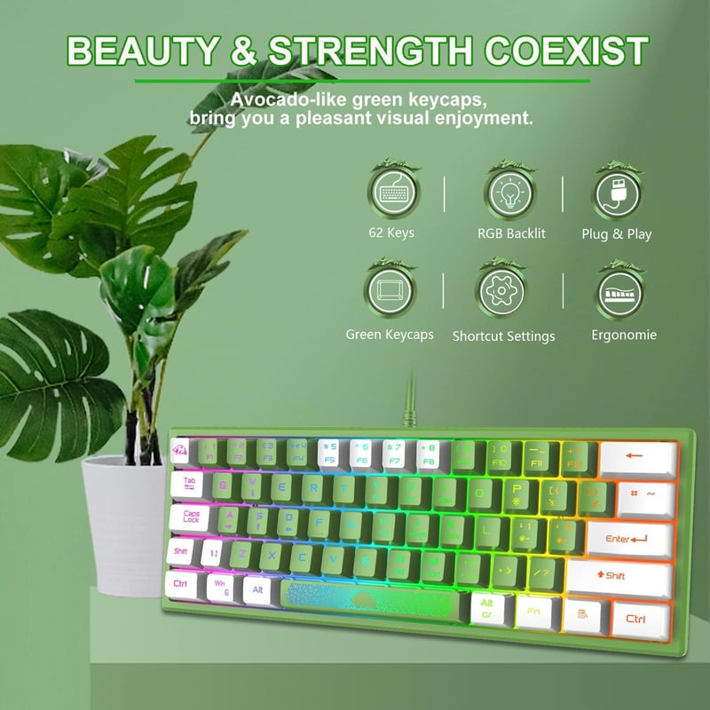Redragon Mini 60% RGB Gamer Billentyűzet, Zöld-Fehér, QWERTY, PC/Mac