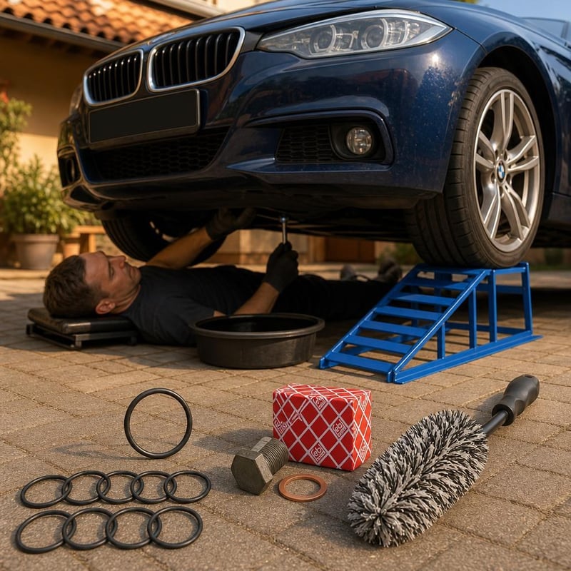 Kit schimb ulei BMW: 10x O-ring + rampă auto + șurub golire + perie jante