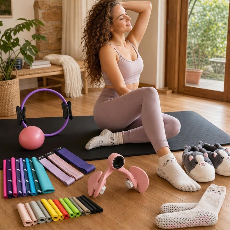 Gerincbarát pilates-indító: medencefenék-edző + tornaszőnyeg + pilates karika + 80 db gumiszalag + 2 pár zokni