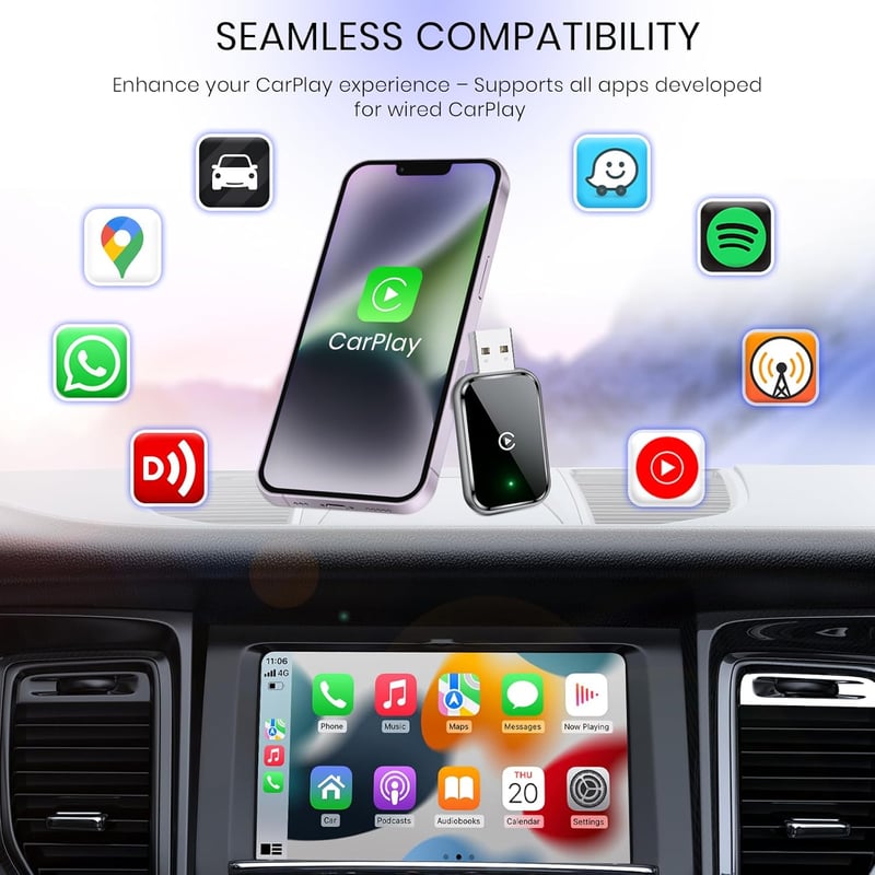 AIZEO Vezeték Nélküli CarPlay Adapter - Gyors Átállás Vezetékes CarPlayről Vezeték Nélkülire, Plug and Play, iPhone iOS 10+ Kompatibilis

AI