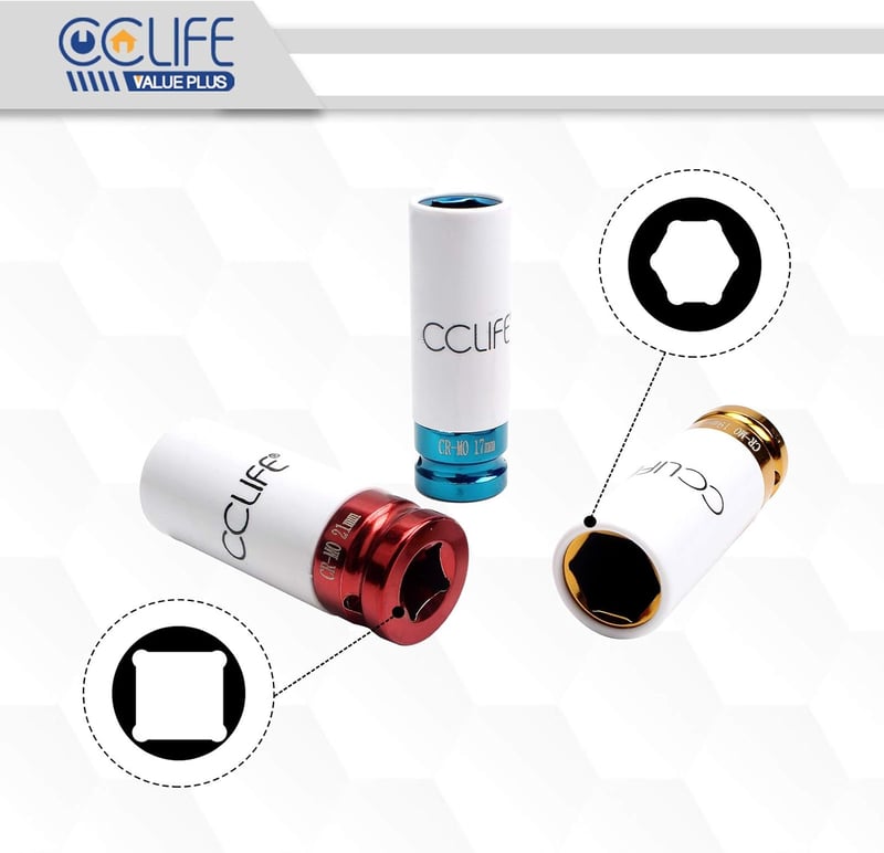 CCLIFE 3 részes dugókulcs készlet 1/2" krómacél - 17, 19, 21 mm méretű alufelni védőbetétekkel, 78 mm hosszú, ütvecsavarozóhoz és nyomatékku