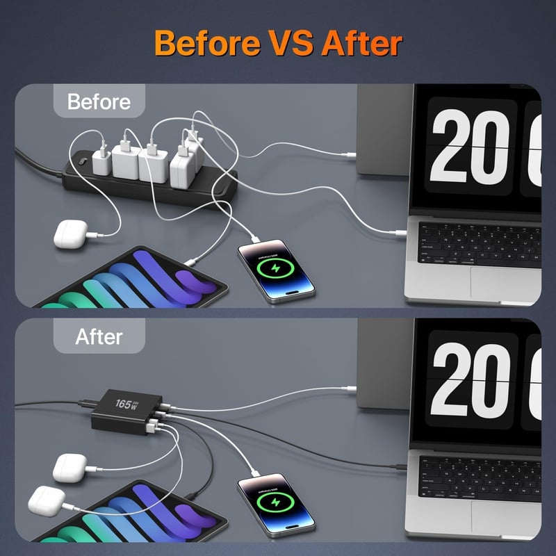 GaN 165W USB-C töltő 6 porttal - iPhone, Samsung, laptop kompatibilis
