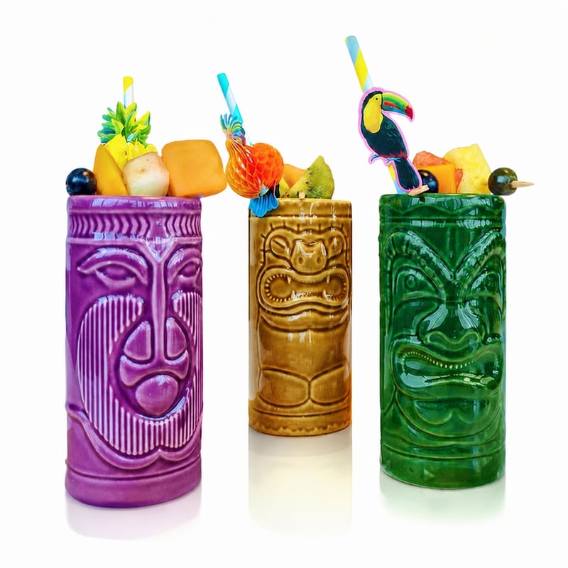 mikamax Tiki Mugs keramički set čaša za koktele – 3 kom (bez žute čaše) – 29 x 8 x 15 cm – Tiki bar čaše za koktele