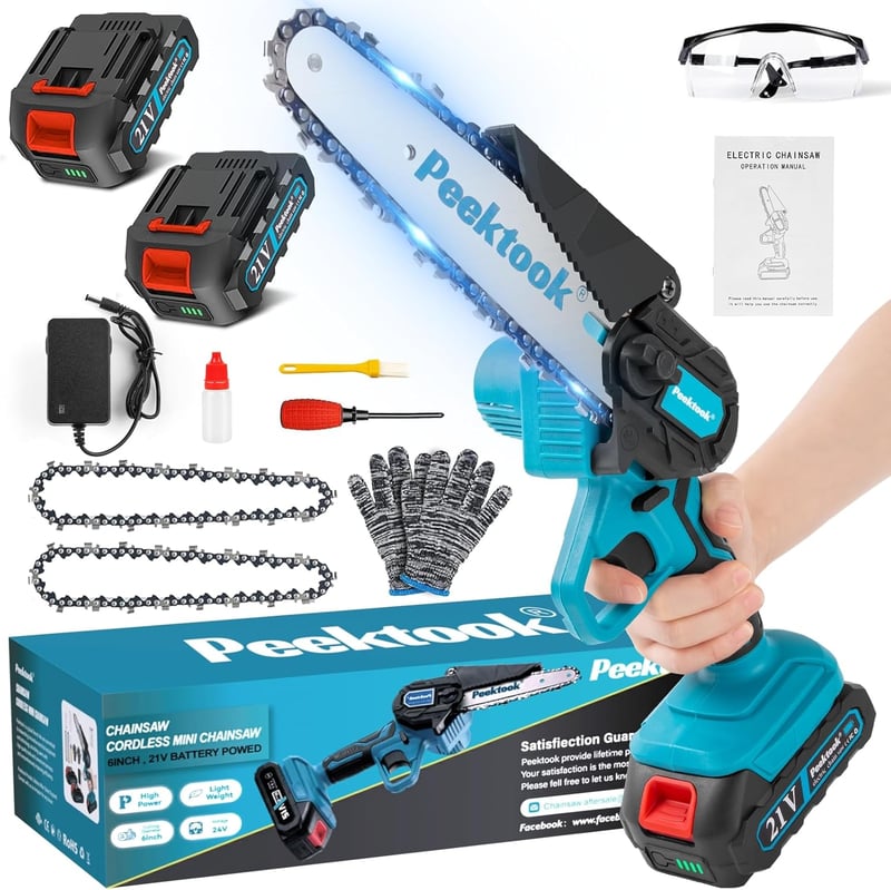 Peektook 6 hüvelykes akkumulátoros mini láncfűrész 1000W, 4000 mAh, 2 lánc és biztonsági zár - Blue