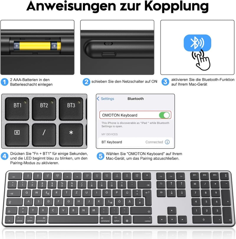 OMOTON Bluetooth Billentyűzet és Egér Mac-hez, Vezeték Nélküli QWERTZ, Szürke - Room grey