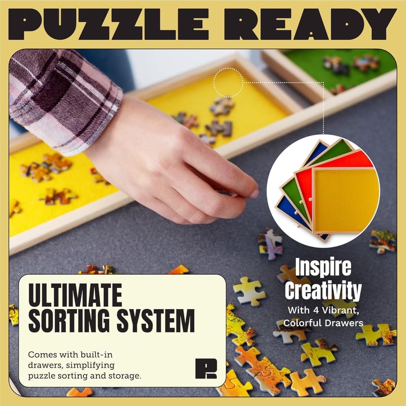 Hordozható Puzzle Tároló Asztal 1000/1500 Darabos Kirakókhoz - 4 Fiókos, Szőnyeggel