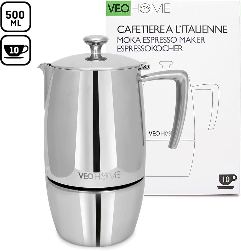 VeoHome Mokka Kávéfőző 10 Csészés 500ml - Rozsdamentes Acél Olasz Moka Kanna Indukciós, Gáz, Kerámia és Elektromos Főzőlaphoz - Dupla Szűrő 