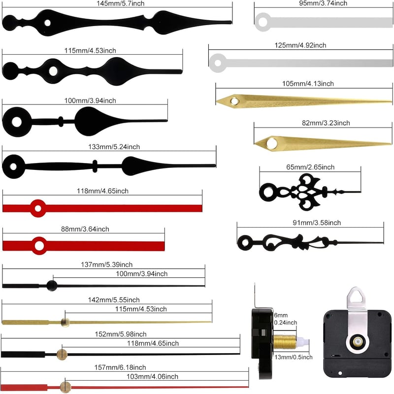 Óraszerkezet Szett - 6 db Kvarc Óramű Különböző Mutatókkal, Falióra Készítéshez, Csendes Működés, 13 mm Tengelyhossz - 13 mm/ 0.5 Inches