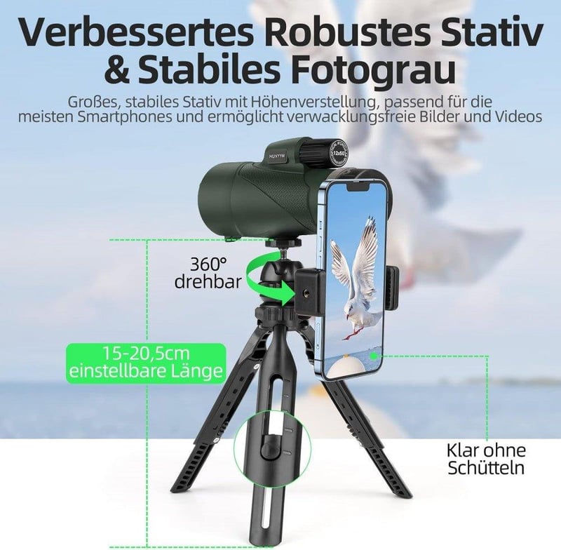 Vízálló HD Monokulár Távcső 12x50 Okostelefon Tartóval és Állvánnyal