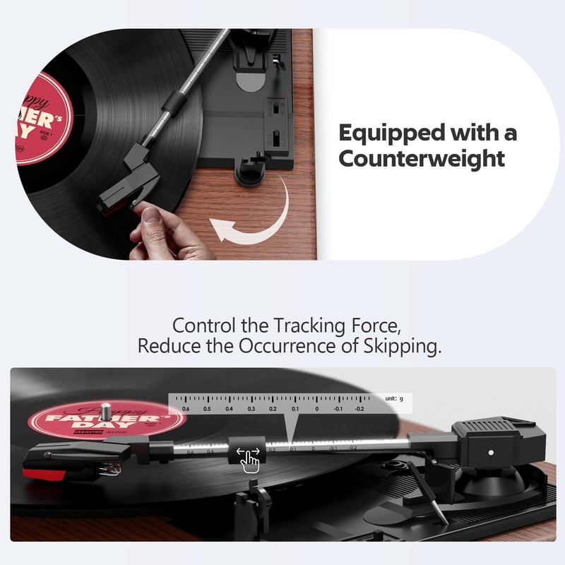 FYDEE Bluetooth Bakelit Lemezjátszó 3 Sebességgel (33/45/78 rpm), Beépített Sztereó Hangszóróval, RCA és AUX Csatlakozással, Dió Színben