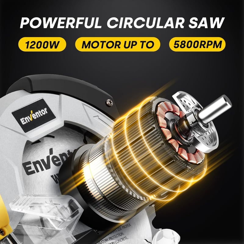 Enventor 1200W Körfűrész Vezetősínnel - 185mm Átmérőjű Fűrészlappal, 2 Pengével (24T+40T), 5800 RPM, Lézeres Vezetővel, Fa, Fém és Csempe Vá