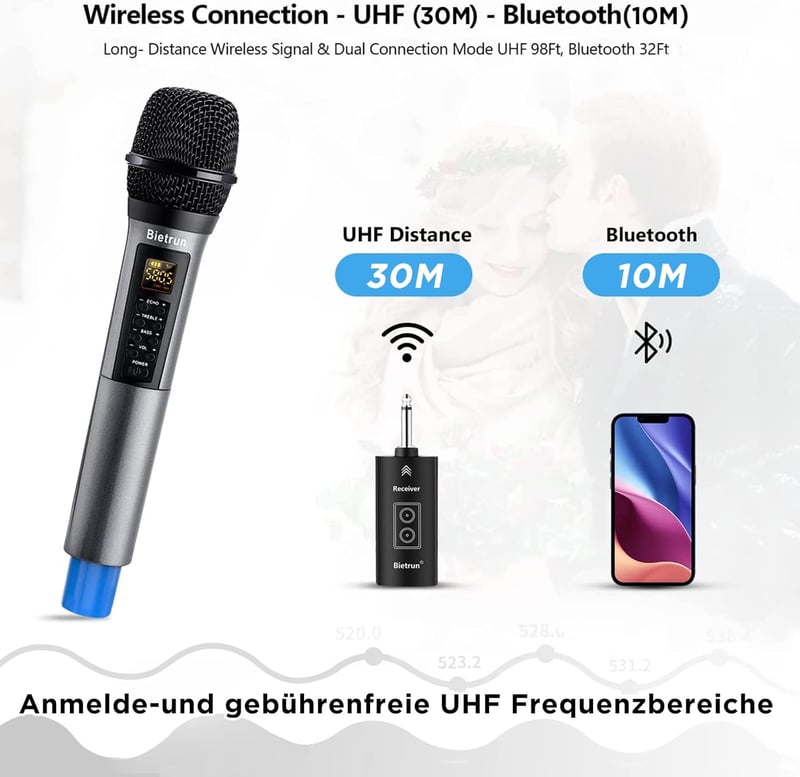 Bietrun UHF vezeték nélküli mikrofon Bluetooth-szal, hangeffektekkel, karaokéhoz és partikhoz