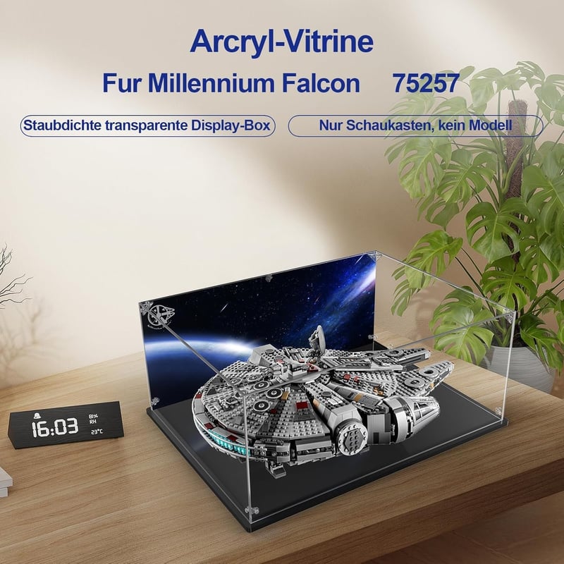 cooldac Akril Vitrin LEGO 75257 Millennium Falcon Modellhez - Átlátszó HD Hátfallal, Porvédő Kijelző Doboz, 50x38x20 cm