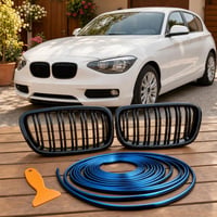 Štýlový tuning set: 5 m modrá lišta do mriežky + čierna predná maska 1