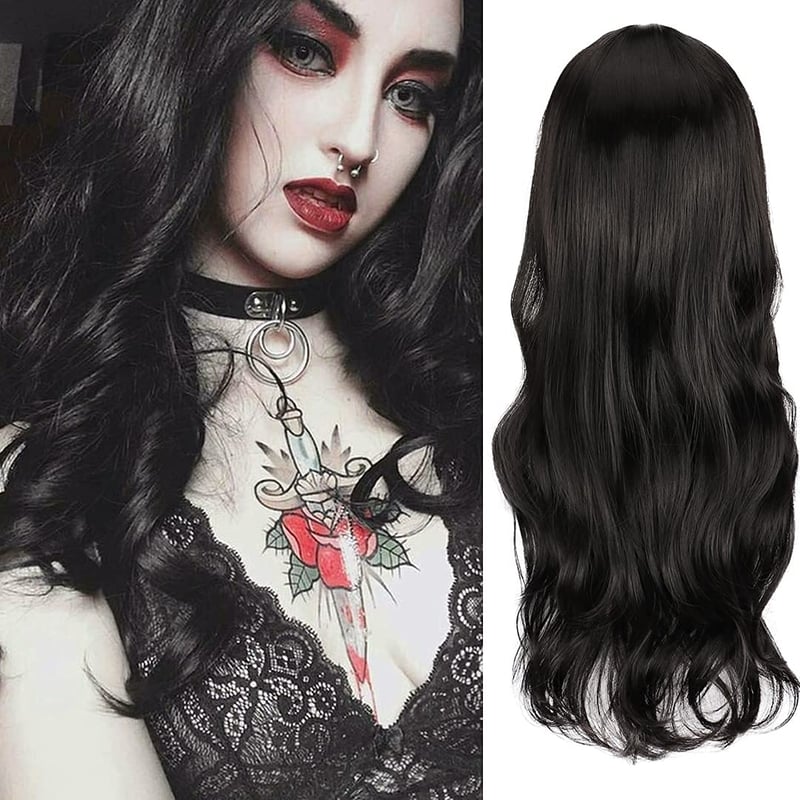 Colorfulpanda Fekete Hullámos Paróka 70 cm - Hőálló Műhaj Frufruval, Cosplay, Anime, Halloween Jelmezekhez, Farsangi Partikra